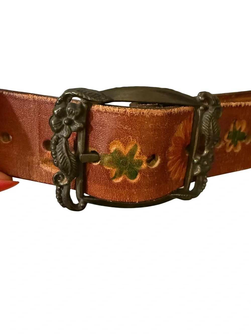 Vintage Hand-Tooled and dyed Brown Leather Floral Belt with Decorative Buckle